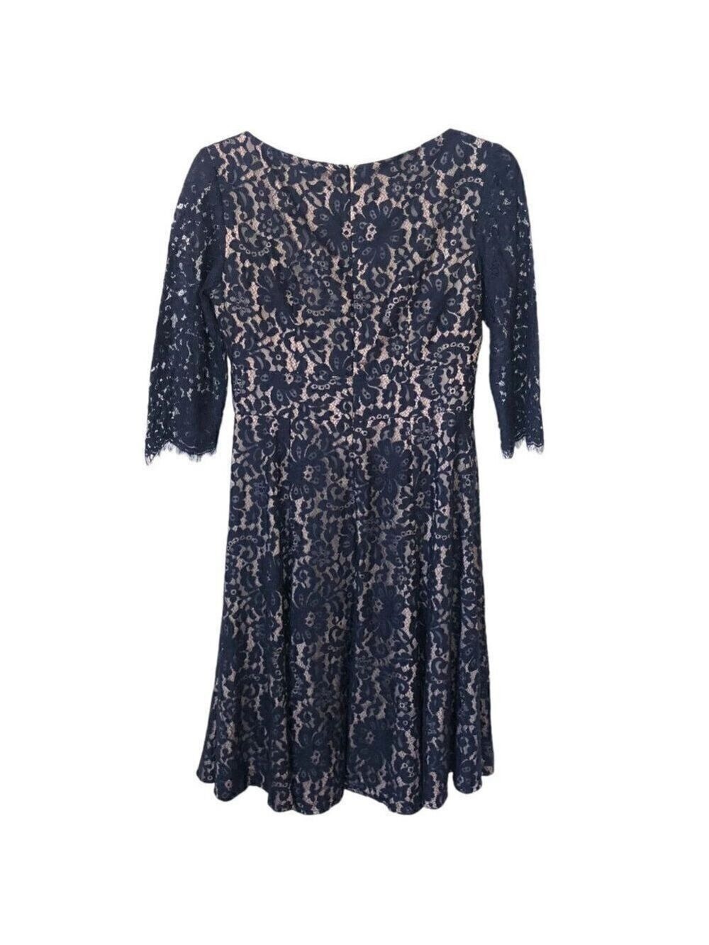 Eliza J Fit & Flare Dress Scallop V-Neck Crossover Blue Lace Overlay Lined SZ 4 - Picture 2 of 10